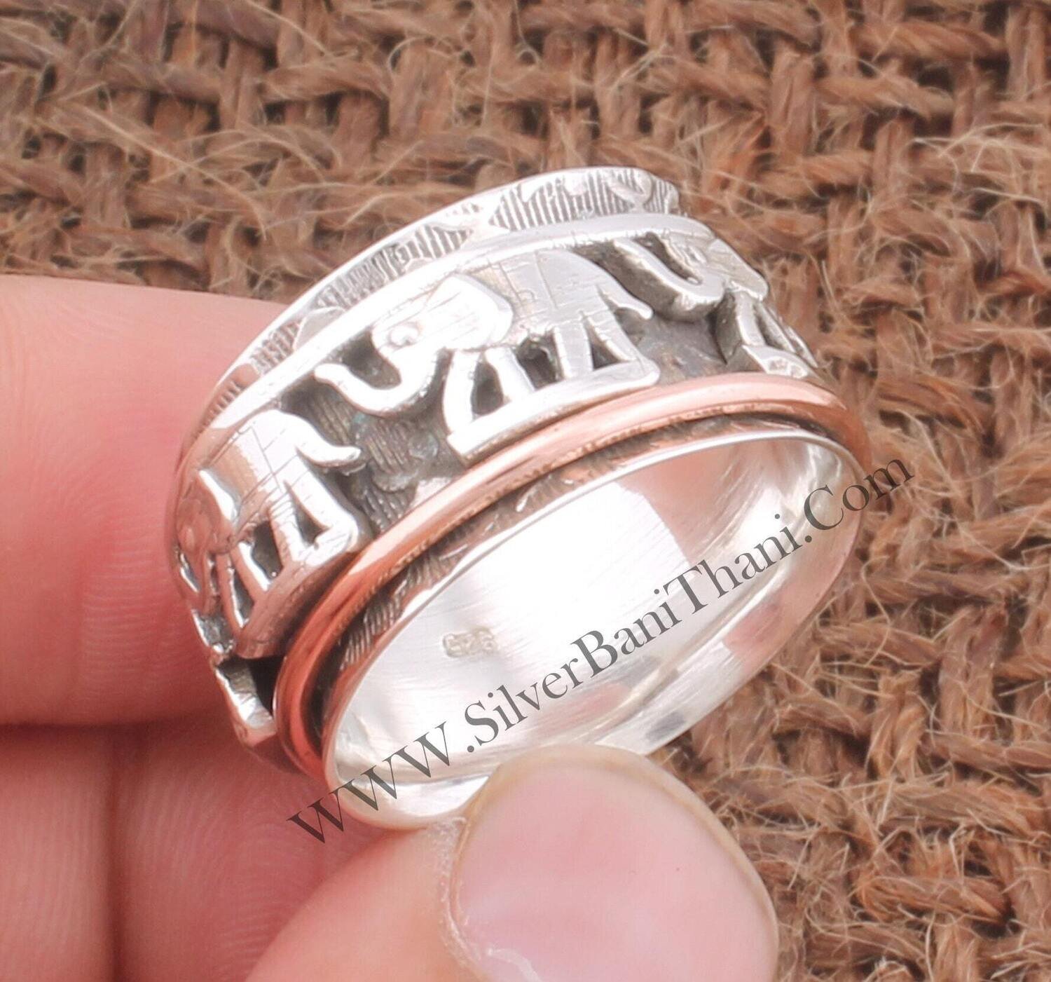 925 Sterling Silver &amp; Brass Elephants Spinner Ring Designer Hand Carved Meditation Ring Wide Band Ring Boho Jewelry Women Ring Gift For Her