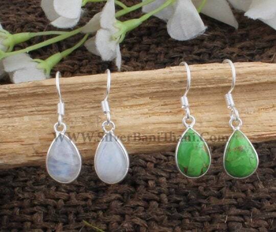 Rainbow Moonstone &amp; Green Copper Turquoise Gemstone Silver Earrings - 925 Sterling Silver Pear Stone Earring - Handmade Women Jewelry - Gift