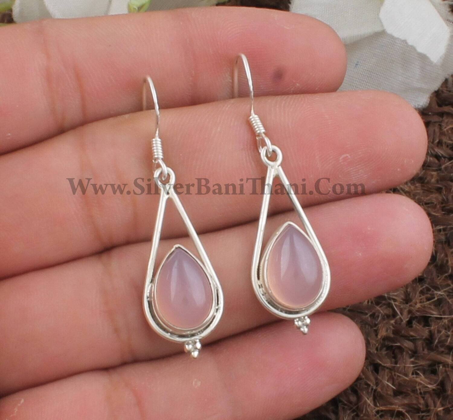 Natural Rose Quartz Gemstone Silver Earrings | 925 Sterling Solid Silver Earrings | Designer Handmade Gemstone Earrings | Women Jewelry Gift