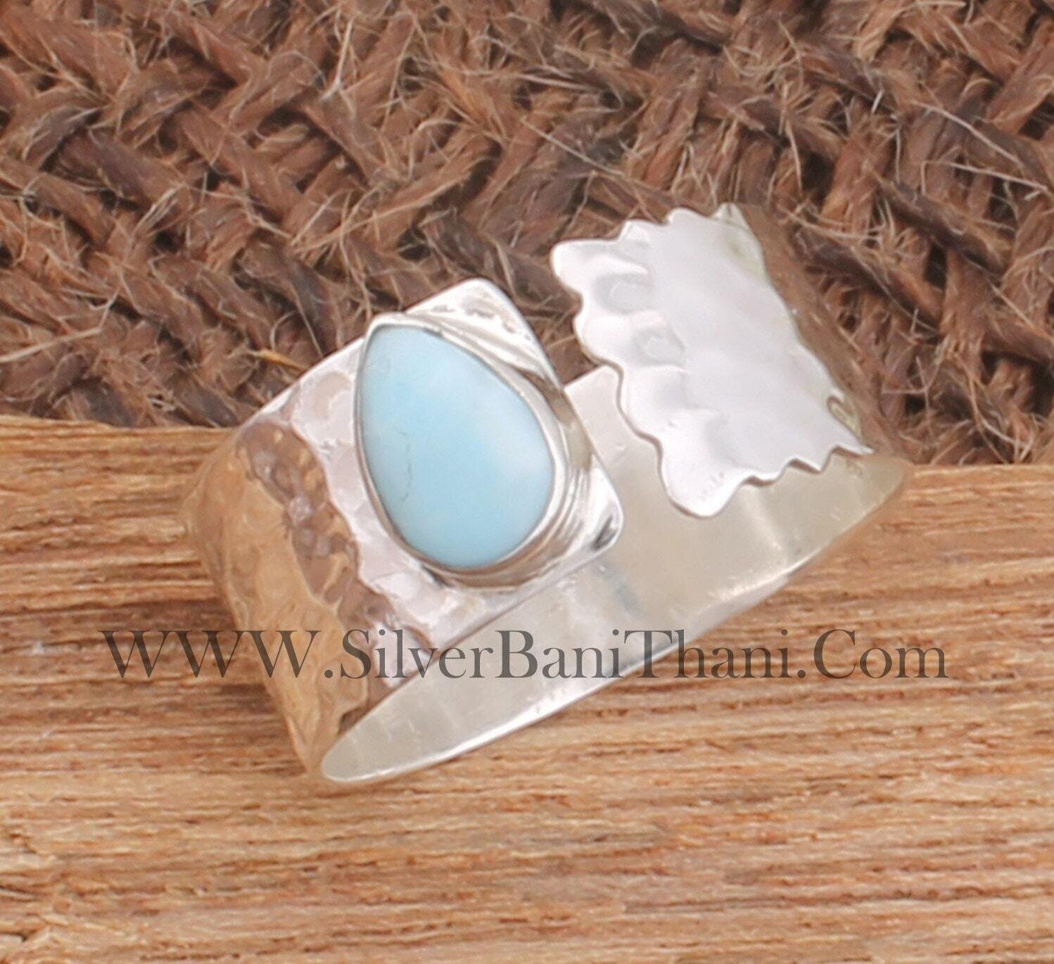 Larimar Gemstone Band Ring Solid 925 Sterling Silver Ring For Women | Designer Handmade Silver Fancy Hammered Band Ring For Birthday Gifts
