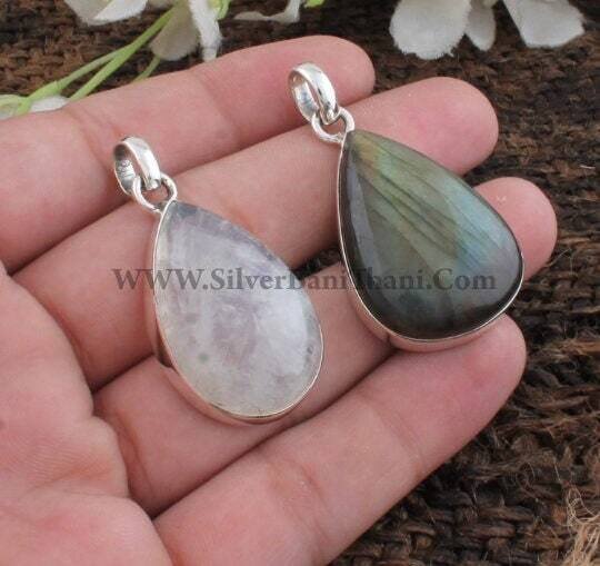 Rainbow Moonstone &amp; Labradorite Gemstone Silver Pendant | 925 Sterling Solid Silver Pear Stone Necklace Pendant | Women Wedding Jewelry Gift