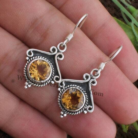 Solid Silver Earring- Citrine Earring- Yellow Round Cut Stone Earring 925 Sterling Silver Earring- Citrine Semi Precious Stone Bride Earring