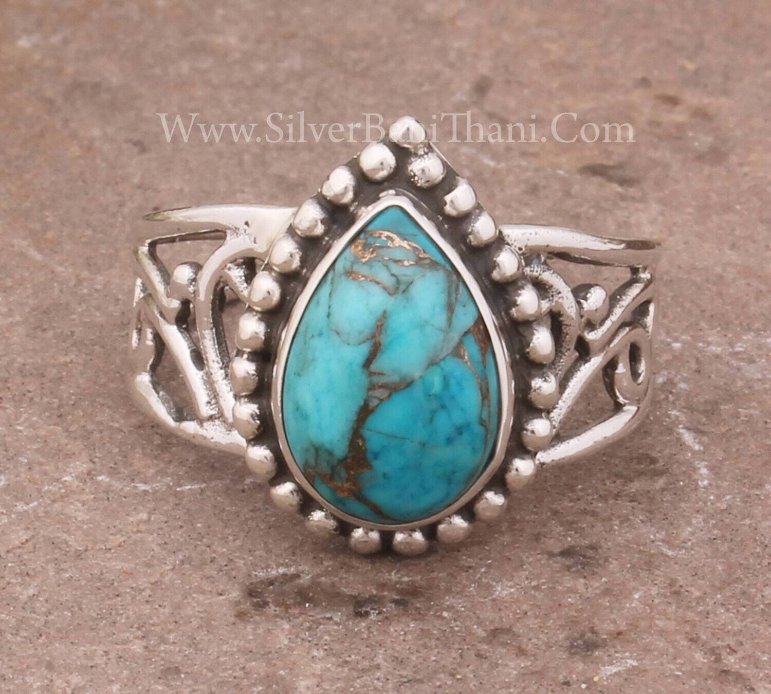 Blue Copper Turquoise Pear Gemstone Silver Ring 925 Sterling Solid Designer Floral Carved Silver Ring Handmade Antique Silver Ring Gift