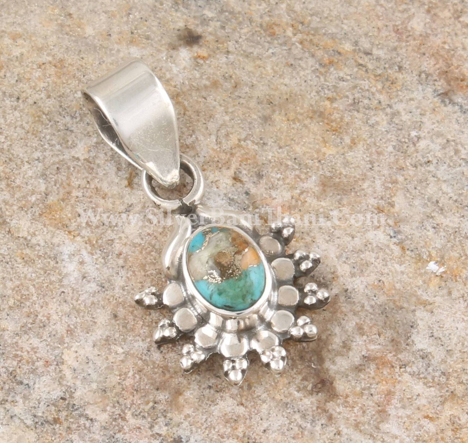Flower Design Oyster Copper Turquoise Gemstone Silver Pendant | 925 Sterling Silver Oval Stone Pendant | Handmade Wedding Jewelry Women Gift