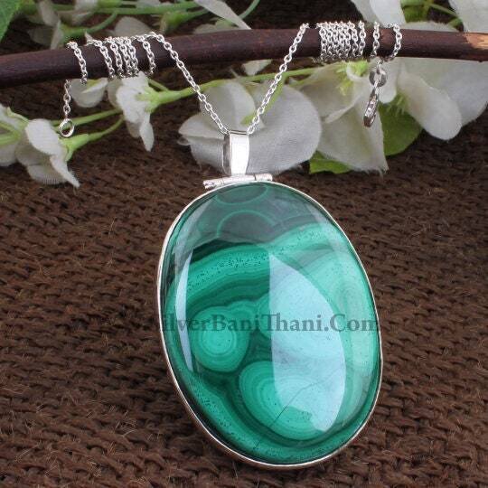 Natural Malachite Silver Necklace, Oval Shape Necklace, Party Wear Necklace, Green Stone Necklace, Daily Use Necklace, Cabochon Necklace,