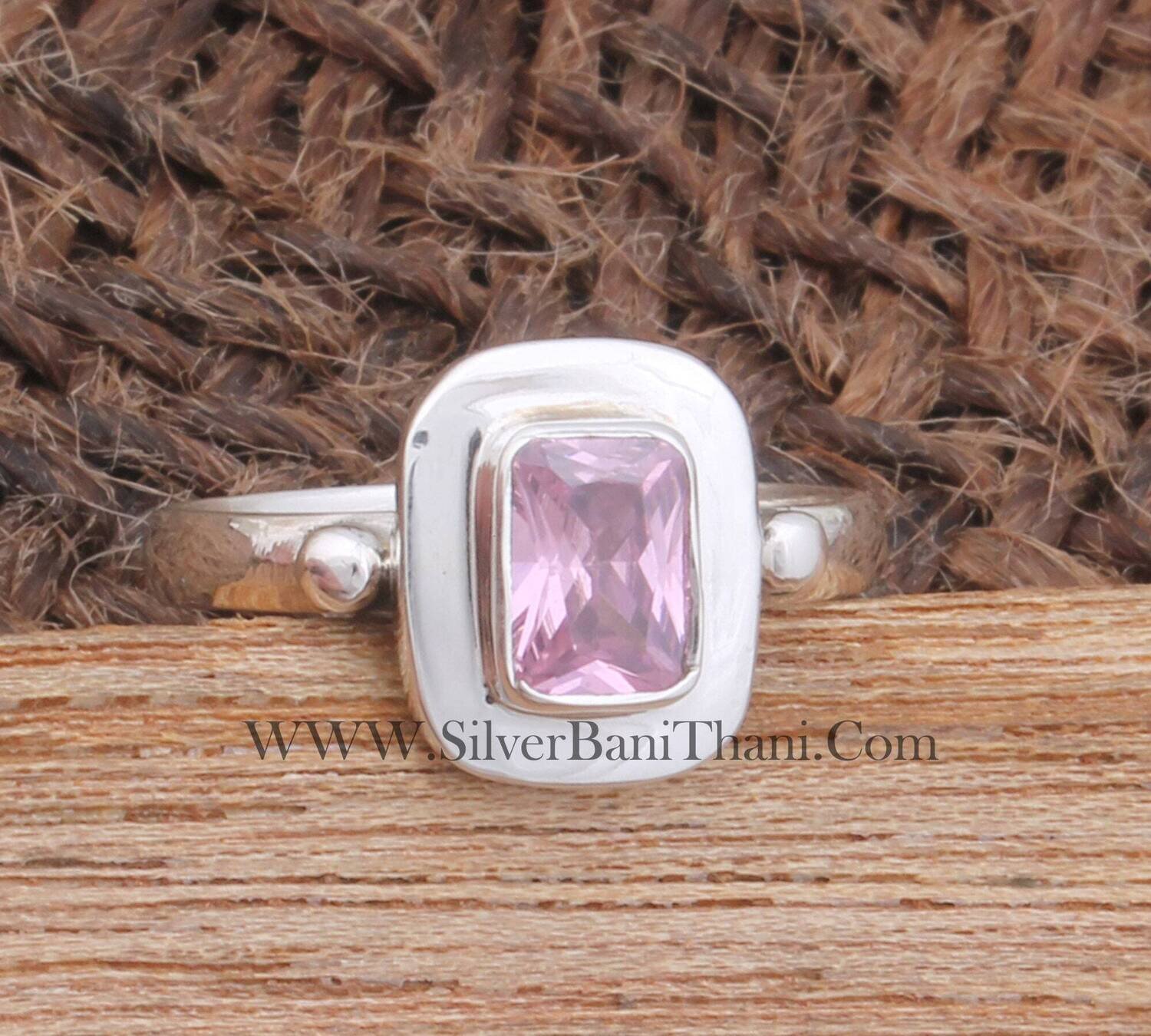 Pink Cubic Zirconia Silver Ring 925 Sterling Silver Faceted Cut Zircon Silver Rings Rectangle Bar Stone Handmade Silver Jewelry Women Gift