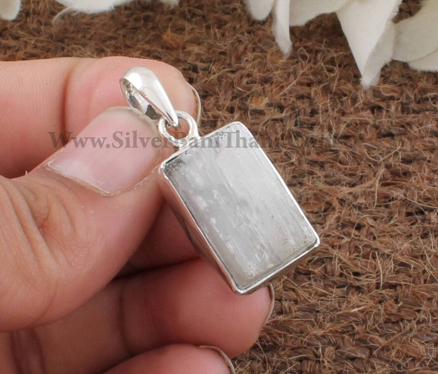 Selenite Rectangle Gemstone Necklace Pendant | 925 Sterling Silver Designer Handmade Pendant | Boho Jewelry | Wedding Jewelry Gift