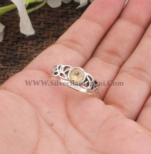 Lovely Citrine Gemstone Ring-Vintage Inspired Round Cut Stone Ring-Semi Precious Opaque Gemstone Ring-925 Sterling Silver Ring-Christmas2022