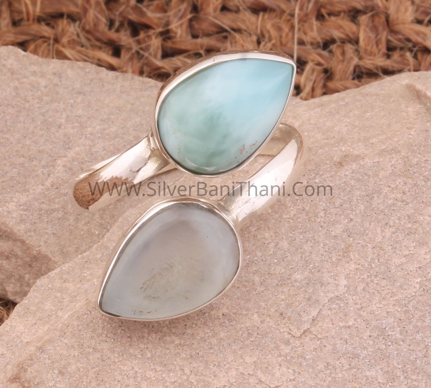 Larimar &amp; Moonstone Solid 925 Sterling Silver Pear Gemstones Ring | Handmade Adjustable Silver Ring | Larimar Ring | Women Gift Ring