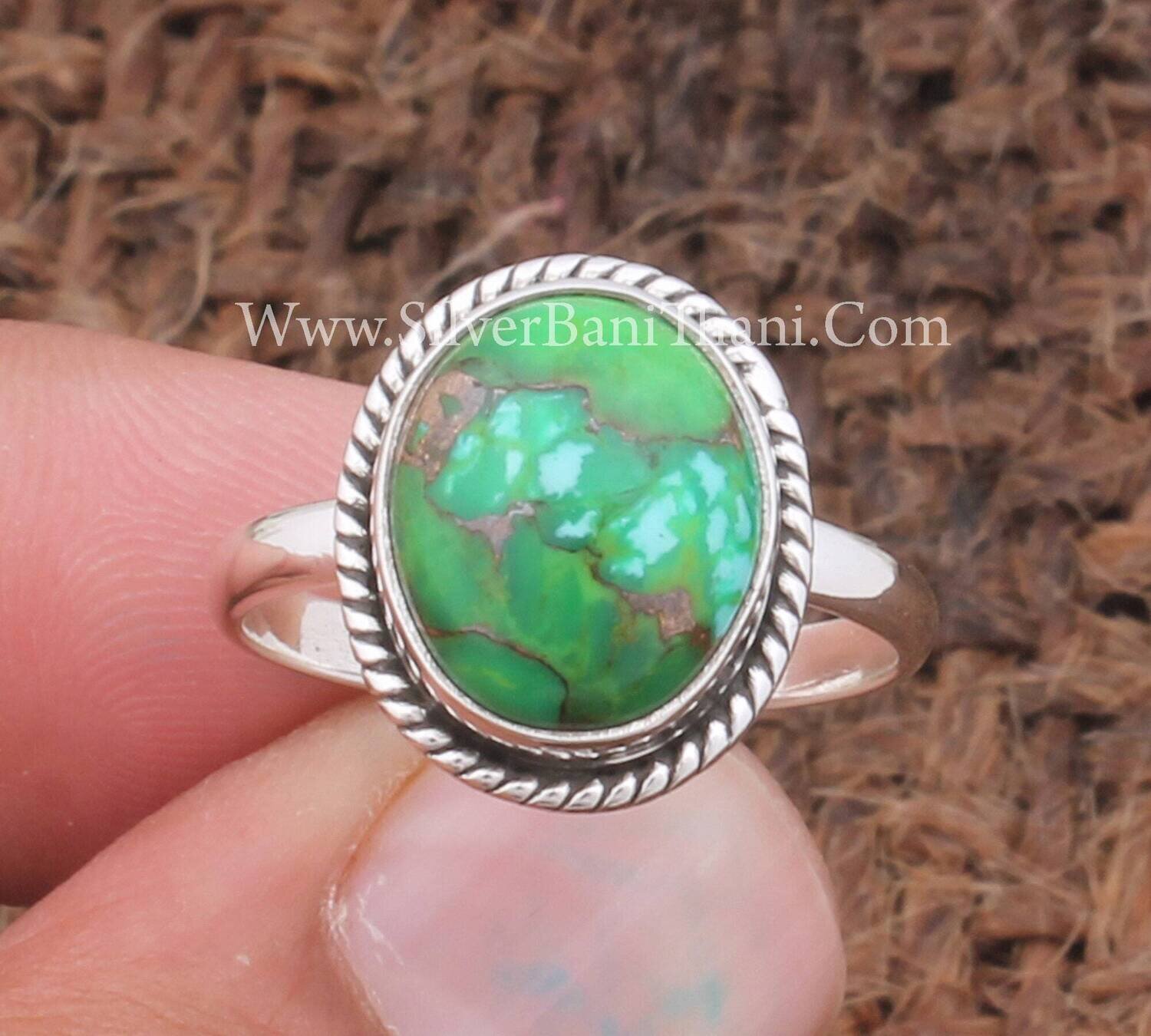 Green Turquoise Ring Dainty Sterling Silver Ring Statement Ring Green Copper Turquoise Large Gemstone Ring Handmade Silver Women Jewelry