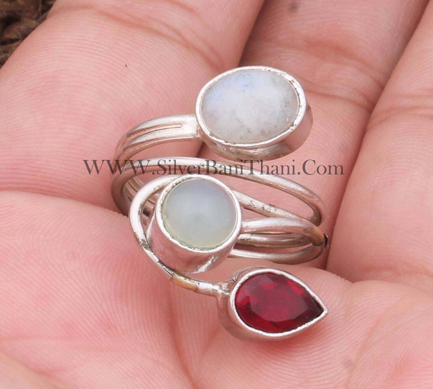 Rainbow Moonstone &amp; Red Garnet Gemstone Silver Ring 925 Sterling Solid Boho Carved Silver Ring Handmade Jewelry Three Gemstone Layer's Ring