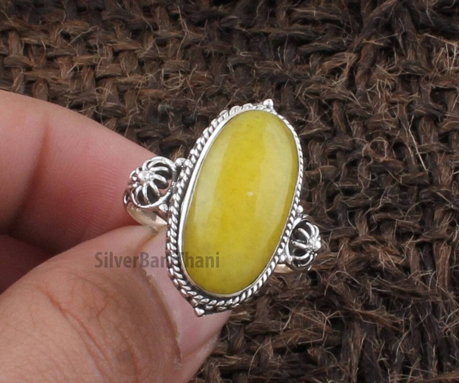 Yellow Jade Oval Shape Gemstone Silver Ring | 925 Sterling Solid Carved Leaves Silver Ring | Handmade Jewelry | Valentine's Day Ring Gift