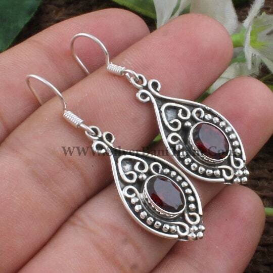 Solid Silver Earring- Red Garnet Earring- Red Cut Stone Earring 925 Sterling Silver Earring- Red Garnet Semi Precious Stone Bride Earring