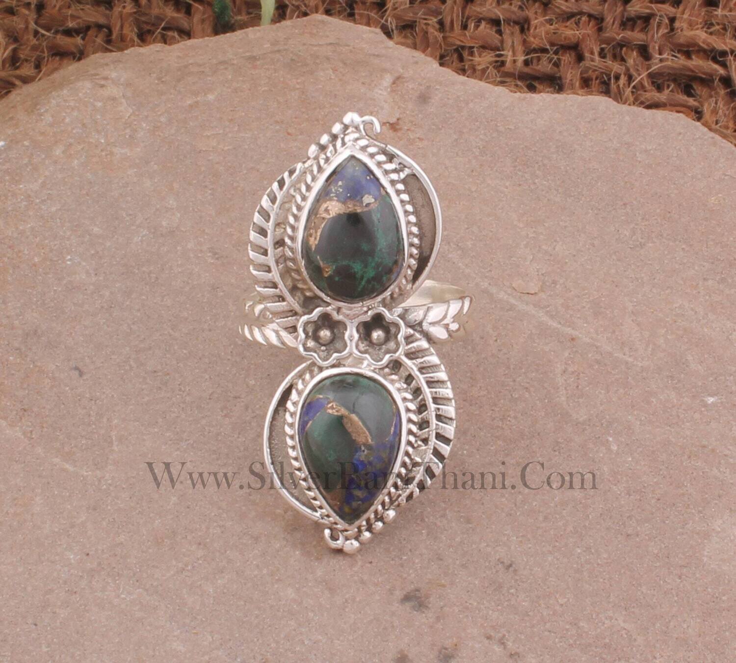 Malachite &amp; Lapis Lazuli Copper Stone Silver Ring | Two Pear Shape Gemstone Ring | Handmade Carved Leaves Silver Ring | Wedding Jewelry Gift