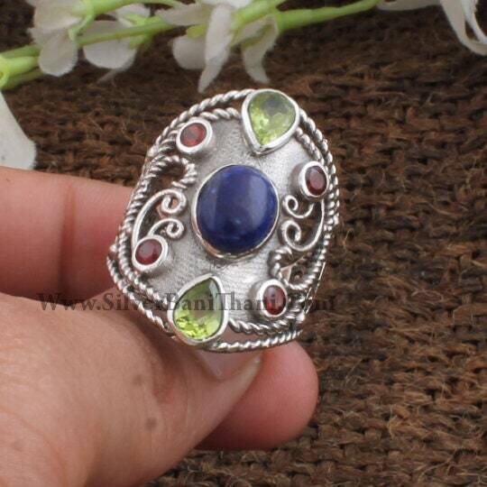 Beautiful Stone Silver Ring, Multi Stone Silver Ring, Leaf Design Ring, Cut With Cabochon Stone Ring, Boho Ring, Unique Gift For Heretsy2022
