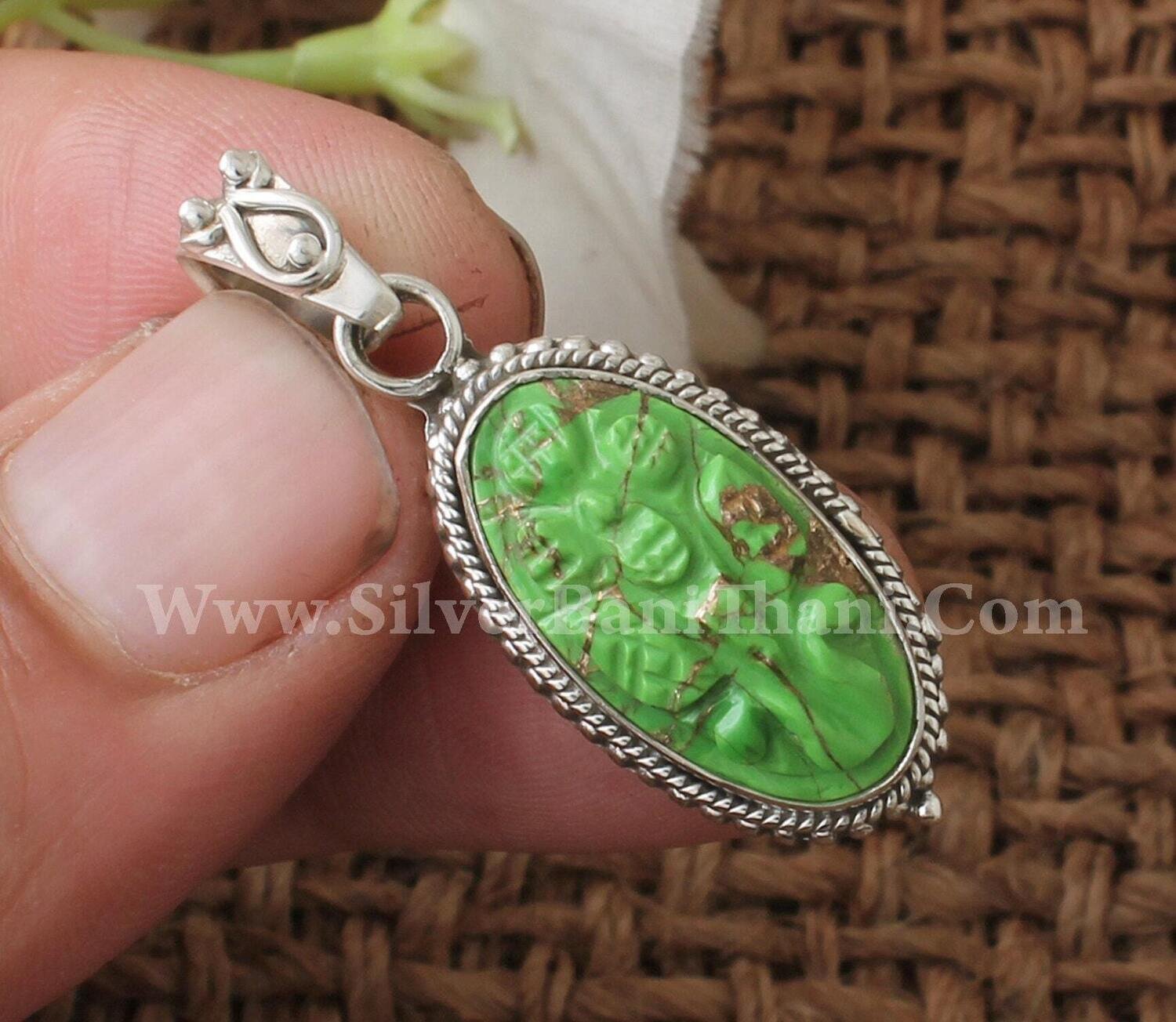 Green Copper Turquoise Gemstone Silver Necklace Pendant | 925 Sterling Silver Oval Shape Pendant | Mughal Carving Jewelry For Women Gift2022