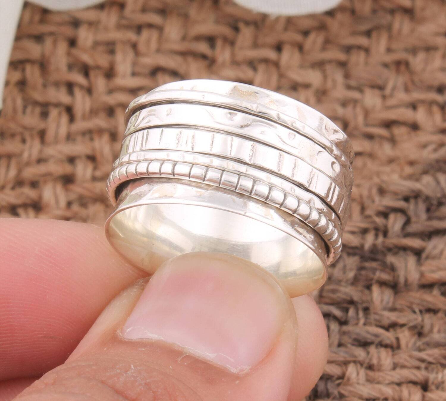 925 Sterling Silver Hand Carved Spinner Ring | Designer Hammered Silver Meditation Ring Fidget Ring Boho Worry Ring Bestseller Thumb Ring