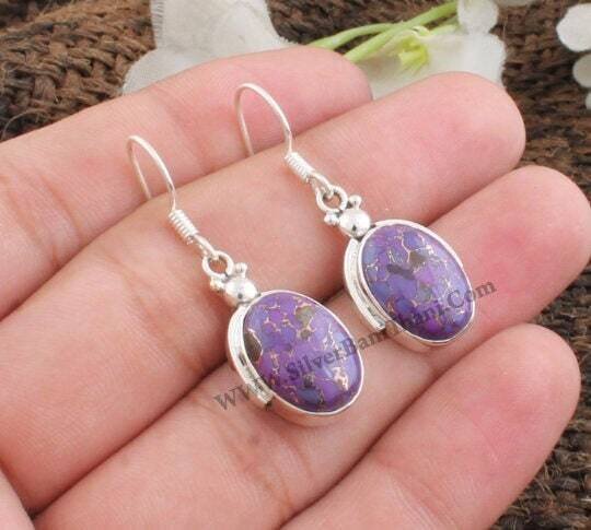 Purple Copper Turquoise Gemstone Earrings | 925 Sterling Silver Oval Stone Earrings | Designer Handmade Earring | Women Wedding Earring Gift