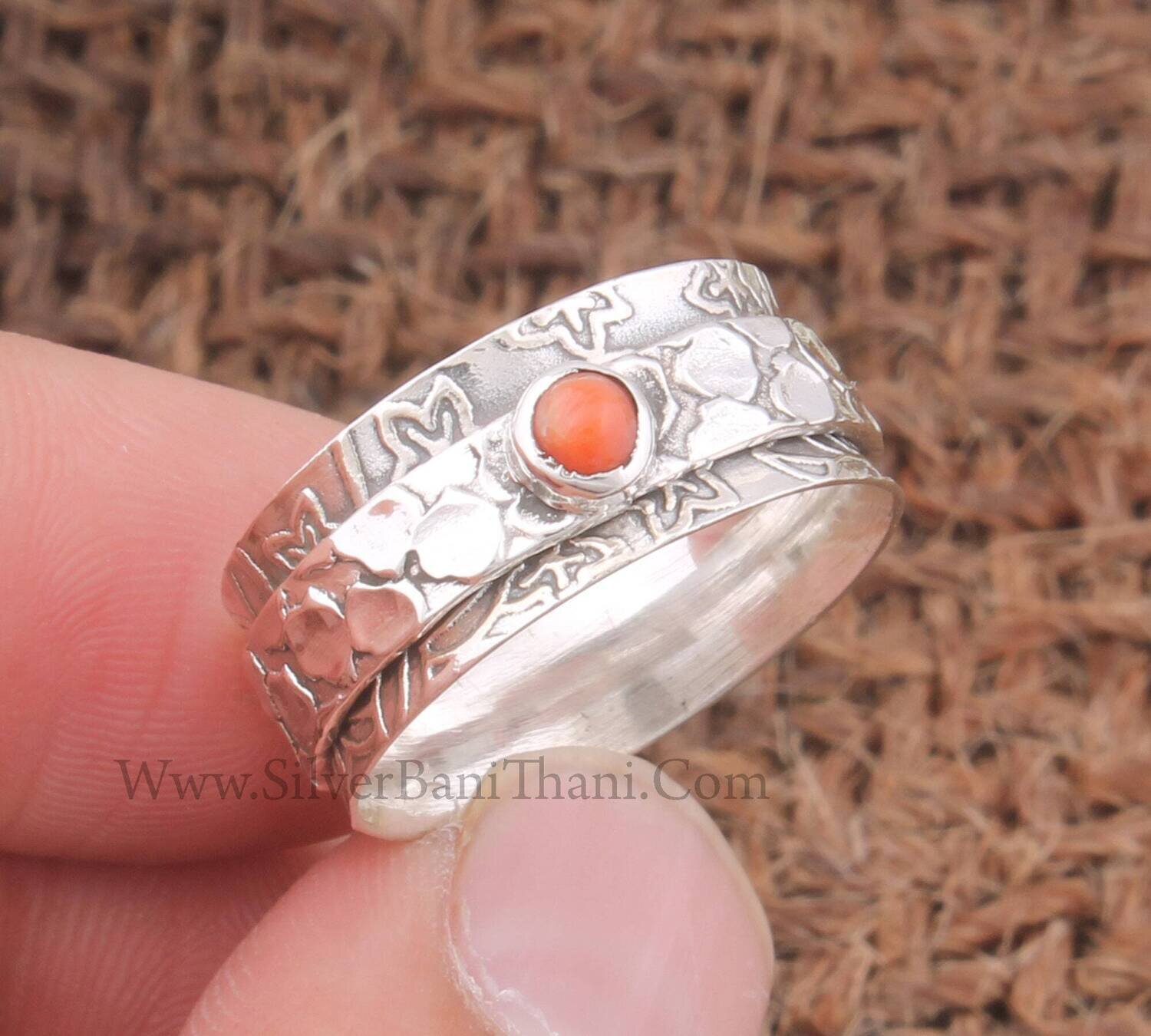 SOLID Silver Red Coral Spinner Ring 925 Sterling Silver Handmade Meditation Textured Silver Gemstone Ring Wedding Jewelry Gift Idea2022Etsy