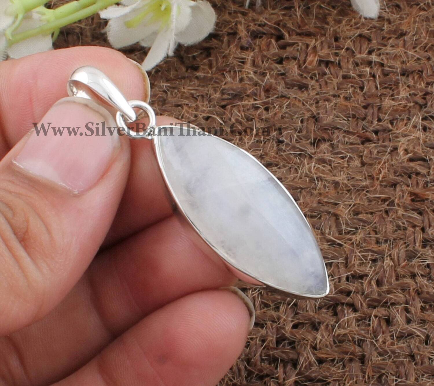Natural Rainbow Moonstone Silver Necklace Pendant | 925 Sterling Silver Marquise Shape Pendant | Handmade Bridal Wedding Jewelry | Gift Idea