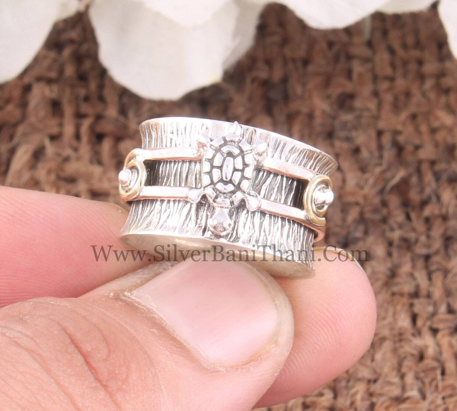 Turtle Solid 925 Sterling Silver Wide Band Spinner Ring For Women | Handmade Three Tone Fidget Anxiety Rings For Anniversary Gifts For Her