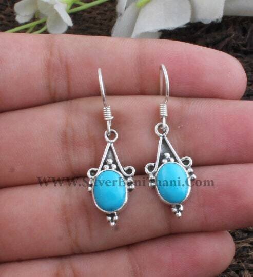 Turquoise Gemstone Silver Earrings | 925 Sterling Silver Oval Stone Earring | Designer Handmade Jewelry | Women Wedding Jewelry | Gift Idea.
