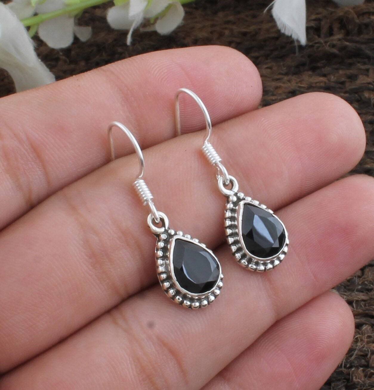 Black Onyx Earring-Pear Design Silver Earring-Cut Stone Earring-Daughter Gift Earring-Beautiful Jewelry Gift Item For Her Mother And Sister