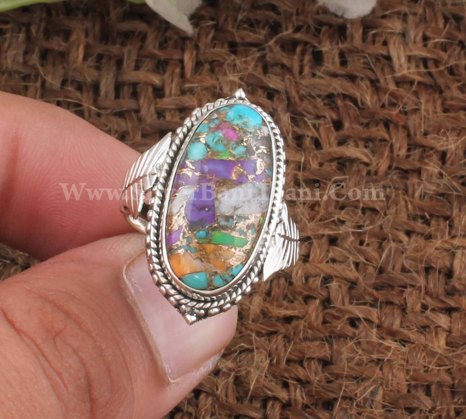 Mix Copper Turquoise Gemstone Silver Carved Leaves Ring | 925 Sterling Silver Oval Shape Gemstone Ring | Handmade Women Silver Jewelry Gift