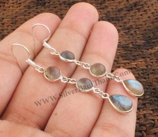 Three Stone Labradorite Earring-Oval With Pear Stone Shape Cabochon Earring-925 Sterling Silver Earring-Flashy Blue Briolette-Christmas-Sale