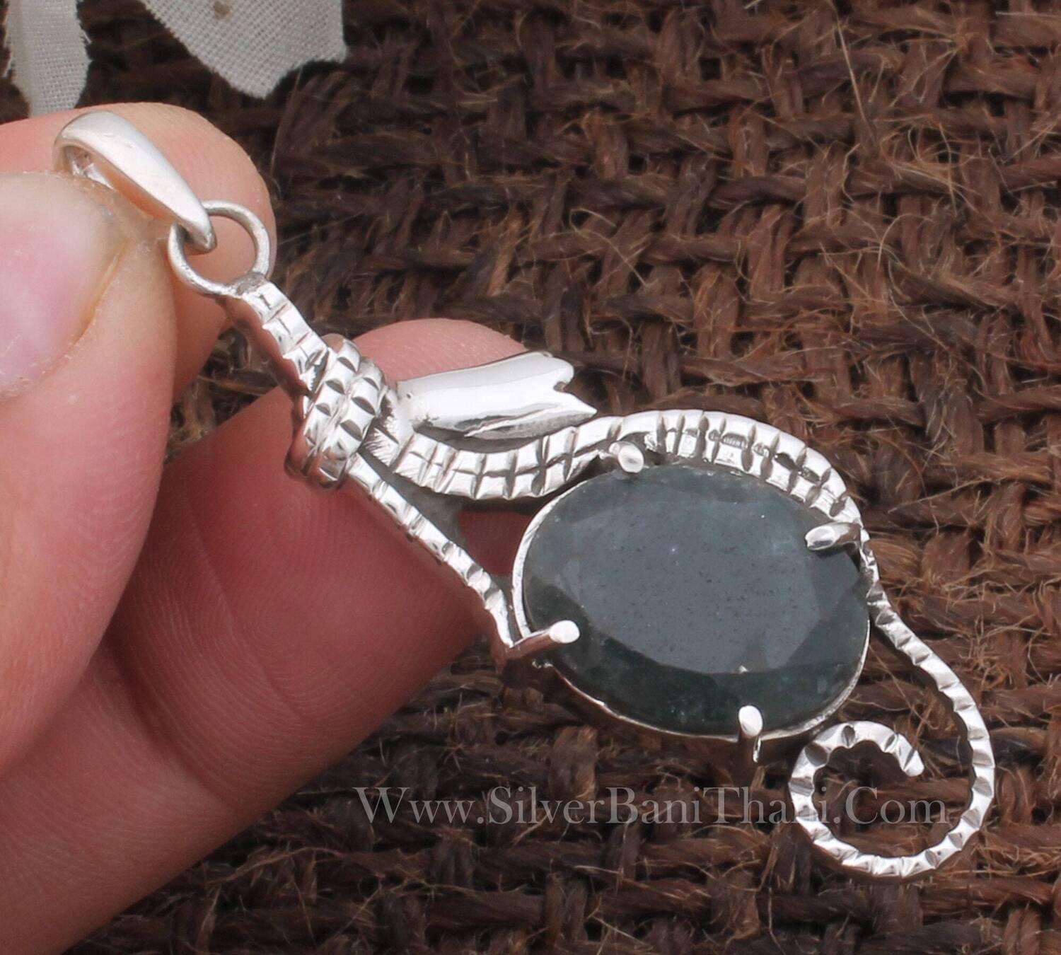 Emerald Gemstone Silver Pendant Necklace 925 Sterling Silver Emerald Prong Set Pendant Handmade Textured Silver Pendant For Women Gift Idea