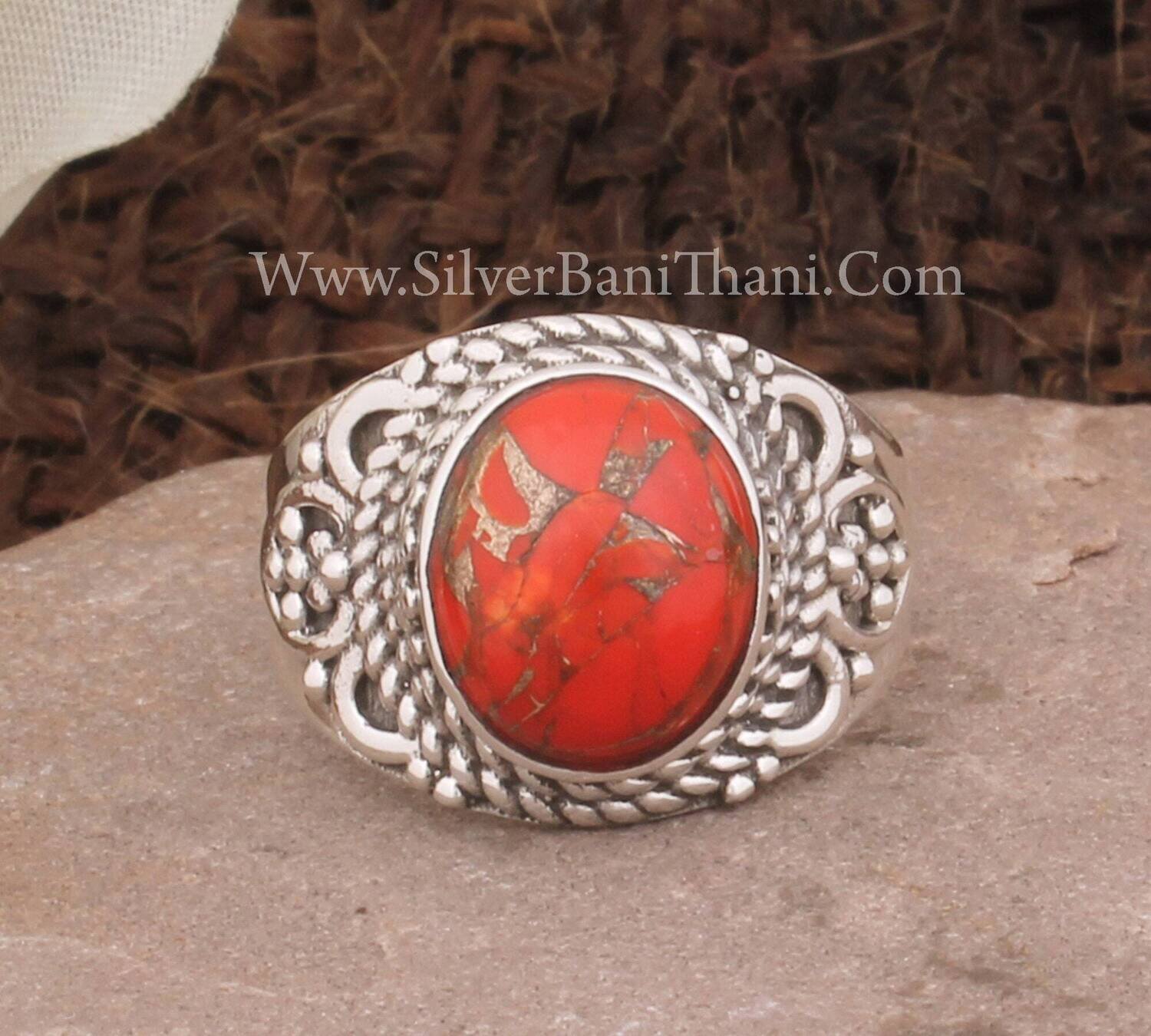Orange Copper Turquoise Oval Shape Gemstone Silver Ring 925 Sterling Silver Ring Handmade Wedding Silver Jewelry For Women's Rings Gift Idea