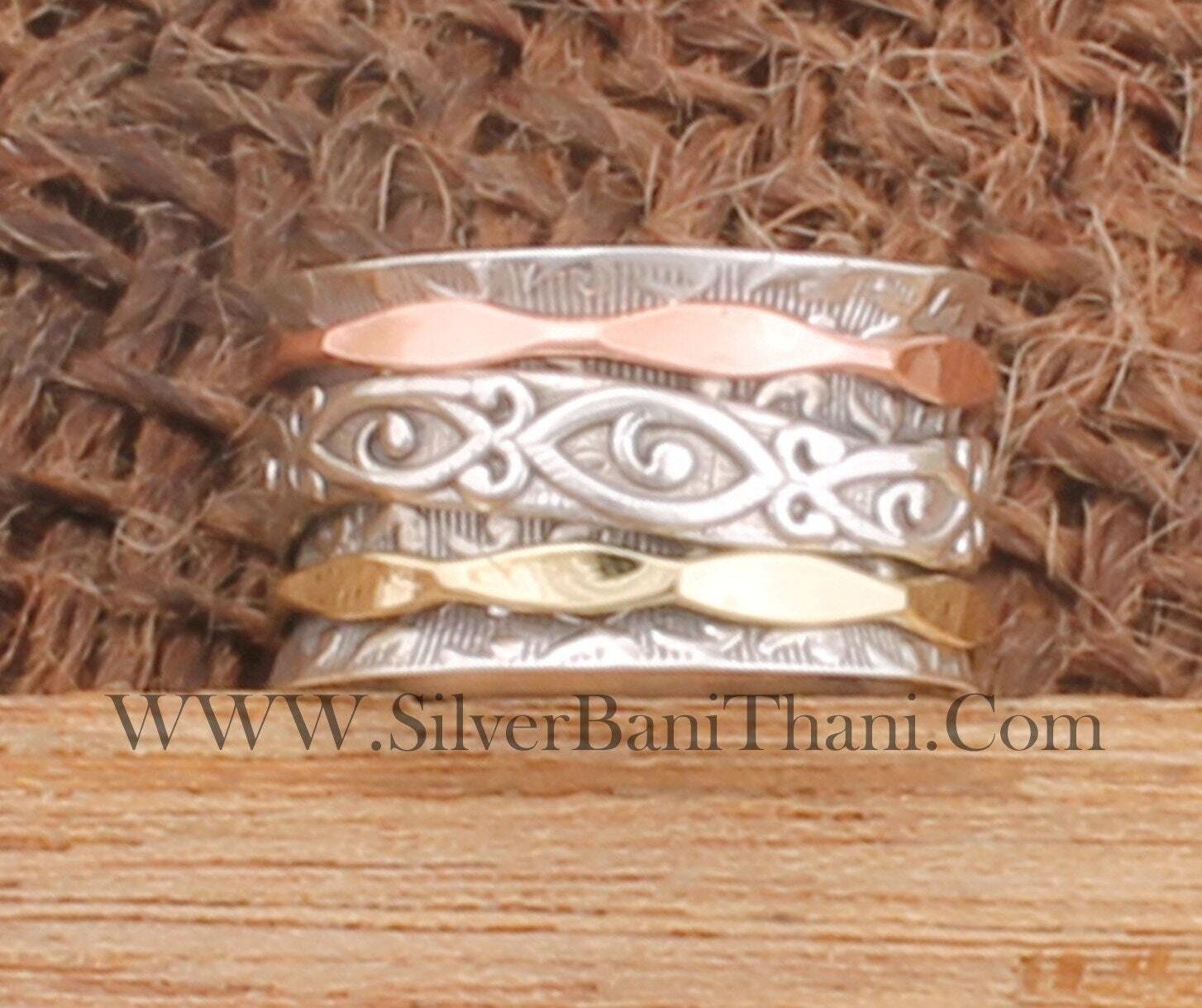 Three Wide Fidget Silver Ring Solid 925 Sterling Silver Hammered Band Spinner Ring For Women Handmade Three Tone Boho Anxiety Ring Gifts