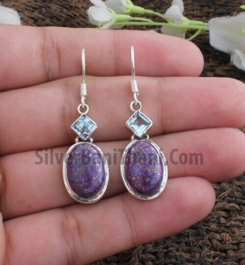 Muhawa Copper Turquoises Natural Blue Topaz  Solid Silver Earring - 925 Sterling Silver Earring - Labour Day Gift Item - Anxiety2022Etsy