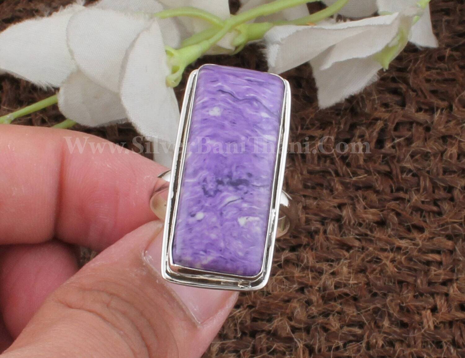 Designer Handmade Women Silver Jewelry | 925 Sterling Silver Charoite Gemstone Silver Ring | Rectangle Shape Stone Ring | Women Gift Idea