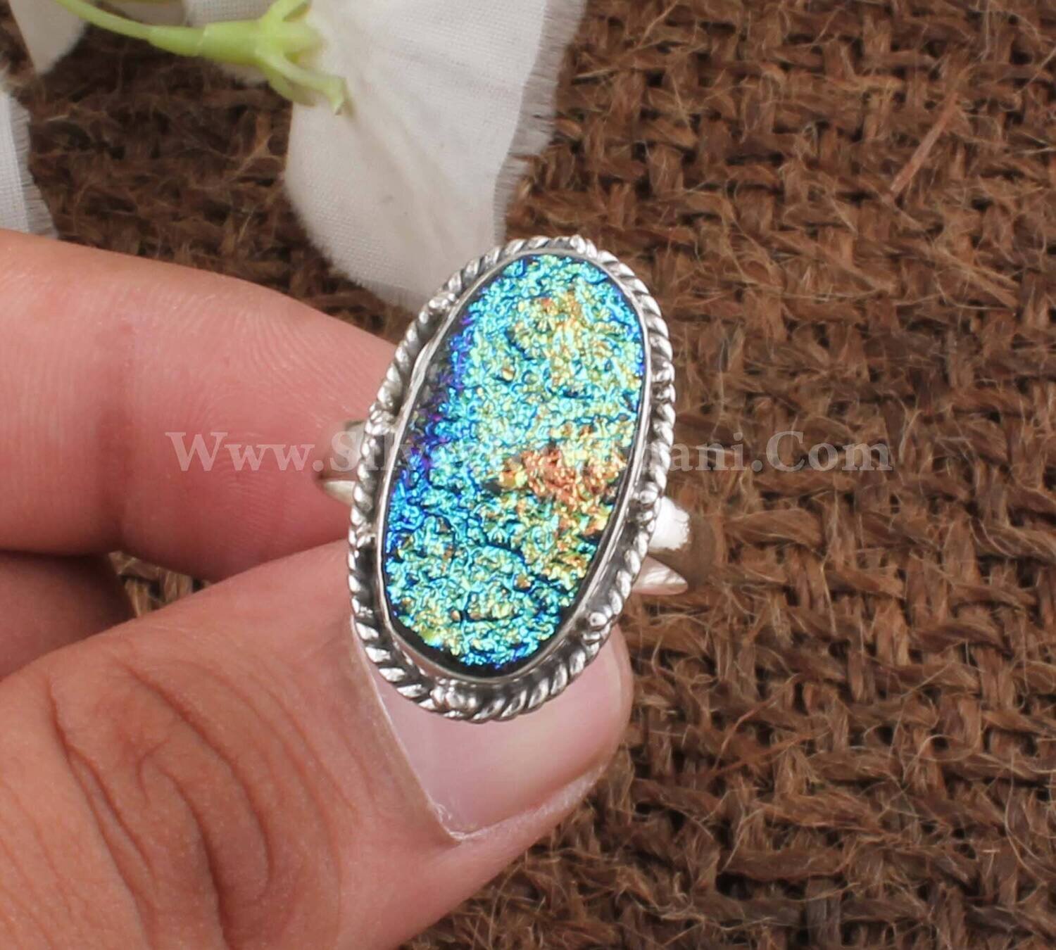 Oval Shape Titanium Druzy Silver Ring | 925 Sterling Silver Druzy Ring | Solid Silver Ring For Wedding Gift | Anniversary For Gift Jewelry