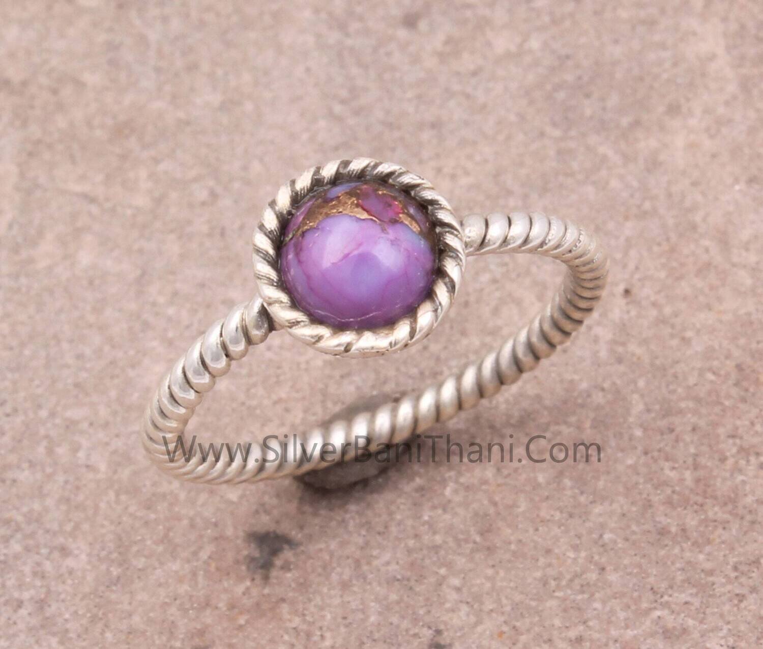 Purple Copper Turquoise Round Gemstone Silver Ring | 925 Sterling Solid Twisted Silver Ring | Handmade Women Wedding Ring | Gift For Women
