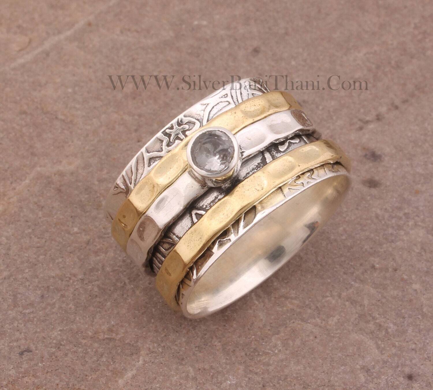 Crystal Quartz Silver Stone Spinner Ring | 925 Sterling Silver Two Tone Engraver Silver band Ring | Handmade Ring | Thumb Ring Gift