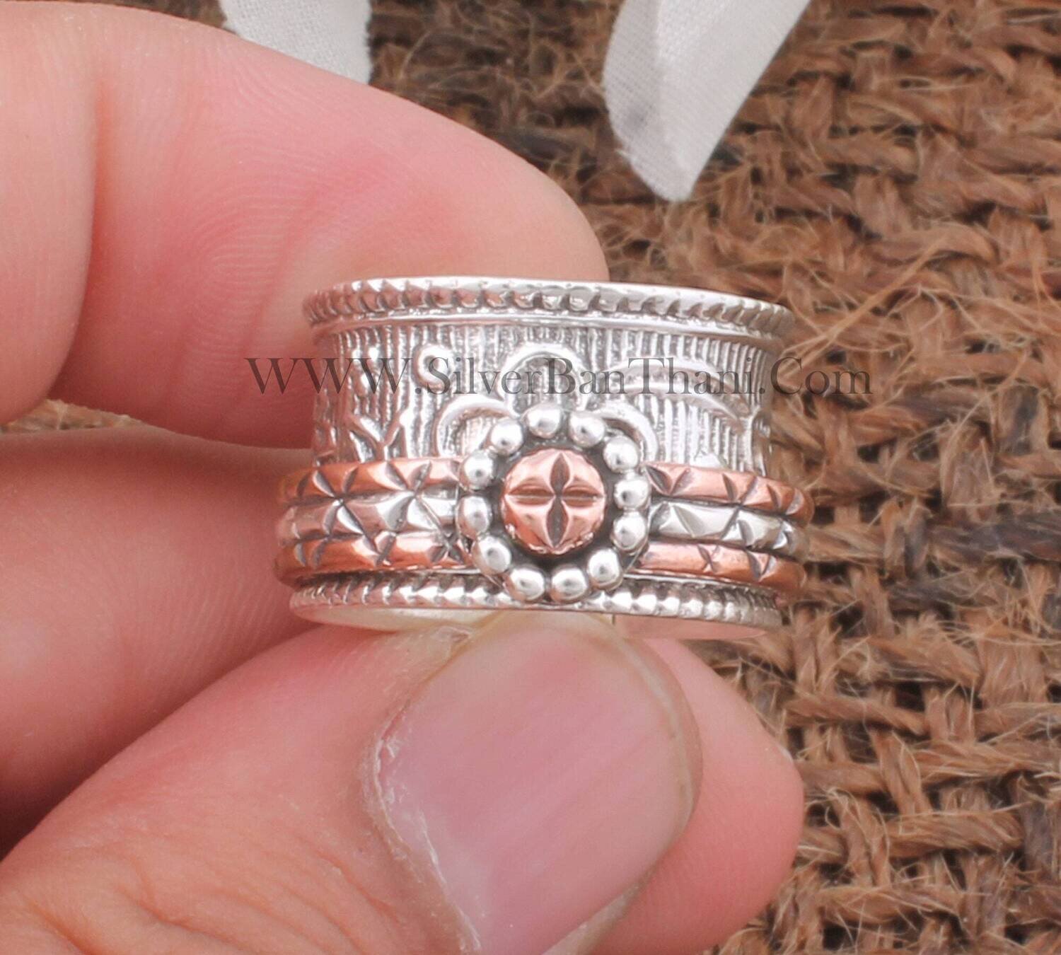 Designer Flower Two Tone Spinner Ring | 925 Sterling Silver &amp; Brass Ring | Designer Handmade Band Ring | Boho Worry Ring | Fidget Ring Gift