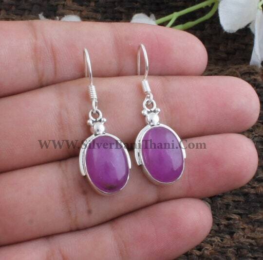 Purple Jade Earring-Oval Purple Cabochon Earring-925 Sterling Silver Earring-Handmade Design Silver Earring-Dangle Earring-Modern-Milimalist