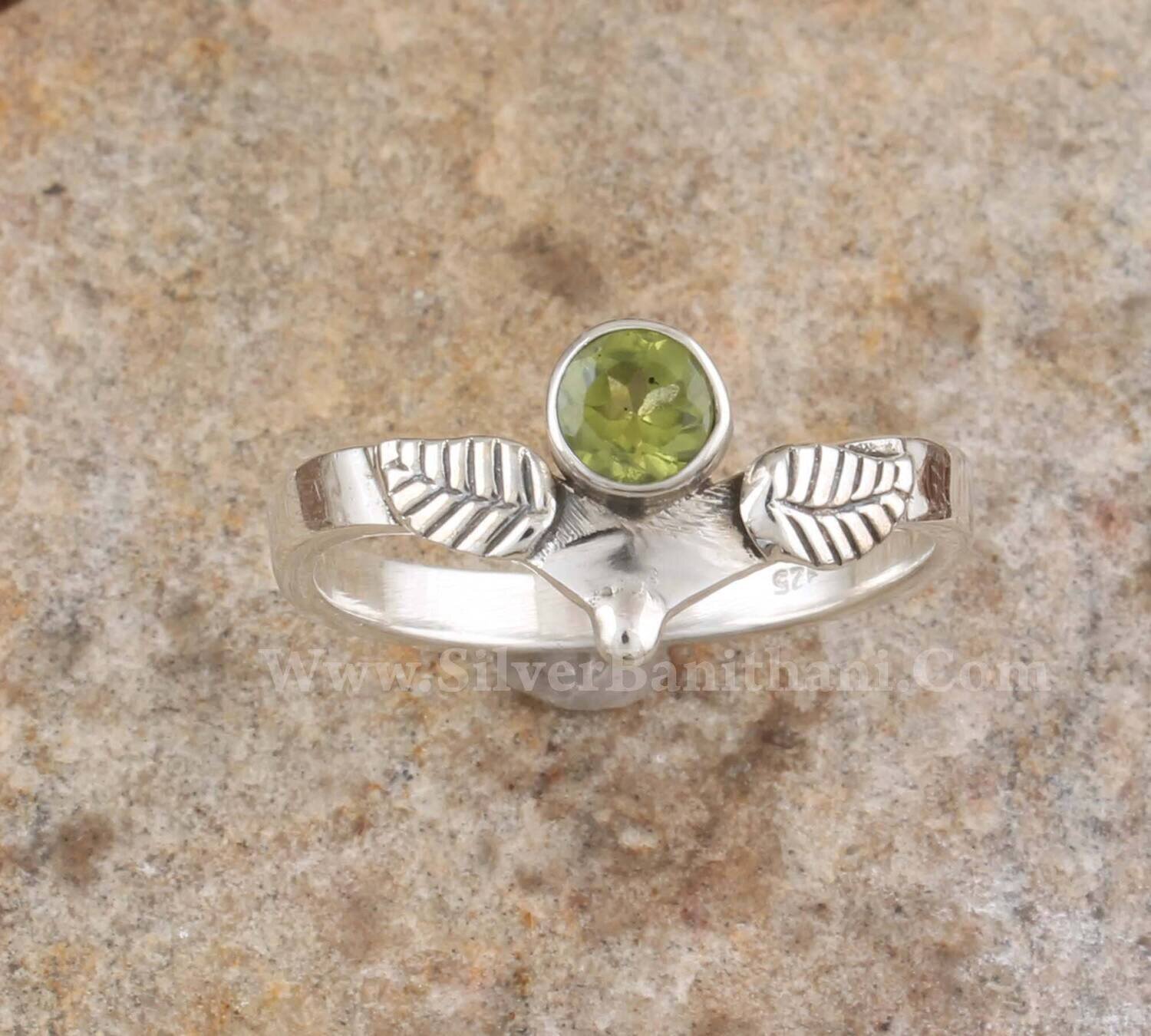 Peridot Gemstone Silver Ring | 925 Sterling Silver Round Cut Gemstone Ring | Engraved Carved Leaves Women Silver Jewelry For Gift
