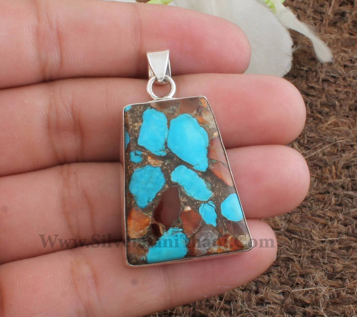 Composite Turquoise Gemstone Silver Necklace Pendant | 925 Sterling Silver Trapezoid Shape Stone Pendant| Handmade Jewelry Boho Jewelry Gift