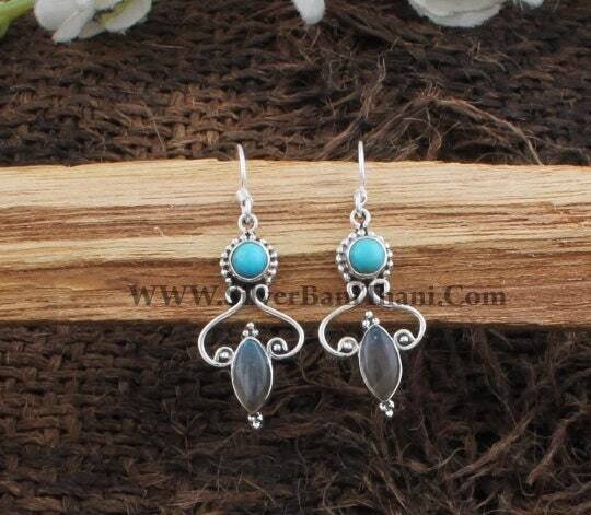 925 Sterling Silver Turquoise & Labradorite Earrings | Designer Handmade Two Gemstone Earrings | Women Jewelry Gift | Birthstone Earrings