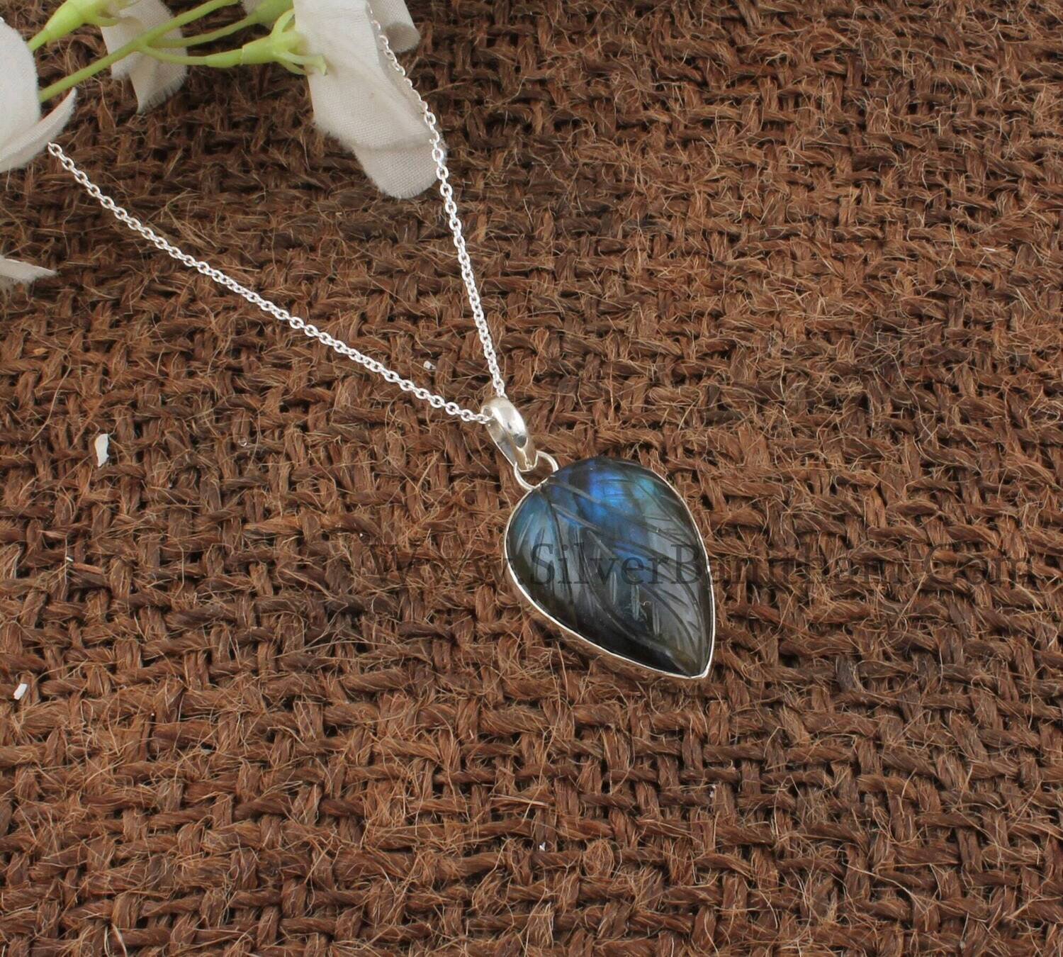Carving Pear Shape Blue Flashy Gemstone Pendant |925 Sterling Silver  Labradorite Necklace Pendant | Handmade Women Jewelry Gift Idea