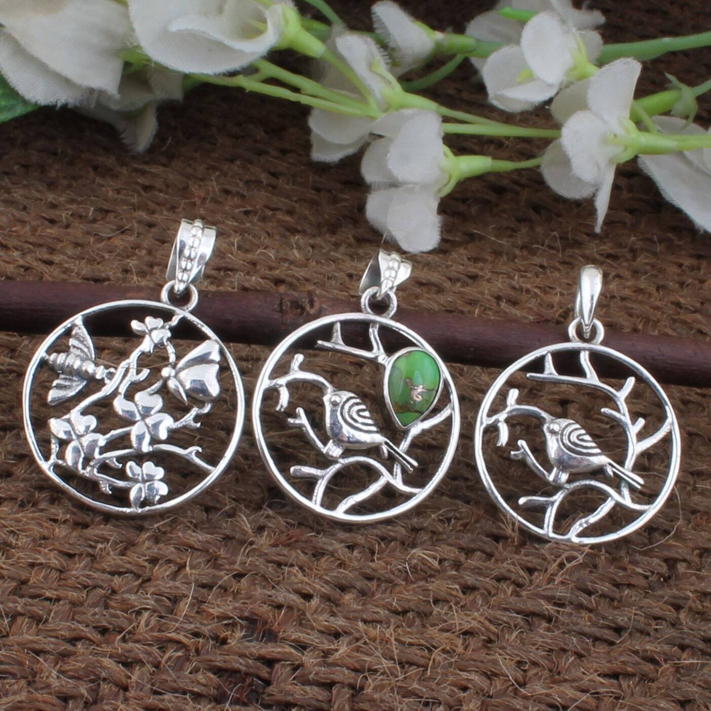 Circle Pendant 925 Sterling Solid Silver Pendant,Foral Pendant,Antique Silver Pendant Kingfisher Birds Pendant,Turquoise Circle Pendant2022