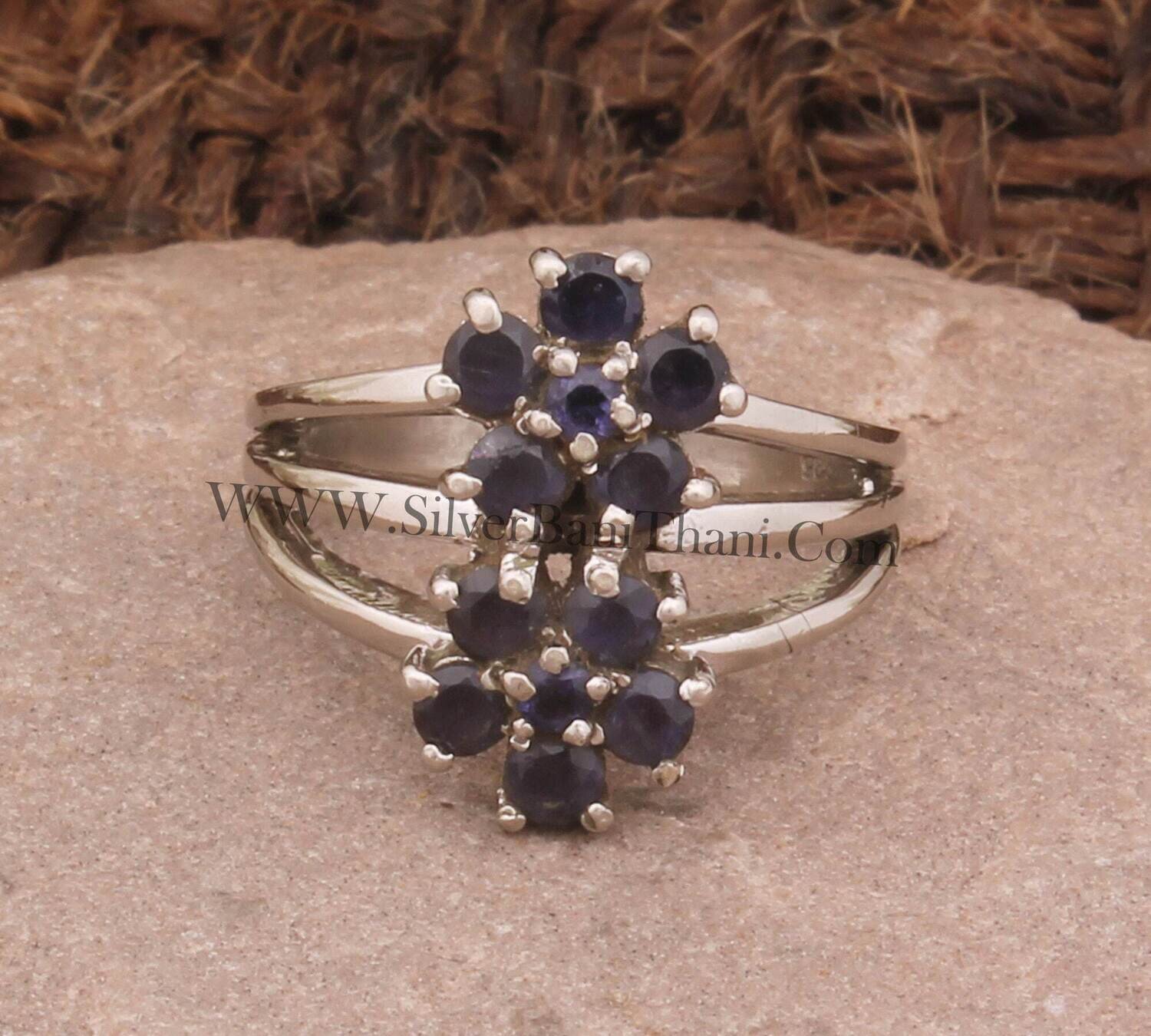 Iolite Gemstone Silver Ring 925 Sterling Silver Round Cut Gemstone Ring Designer Two Flower Handmade Bridesmaid Ring Birthday Jewelry Gift