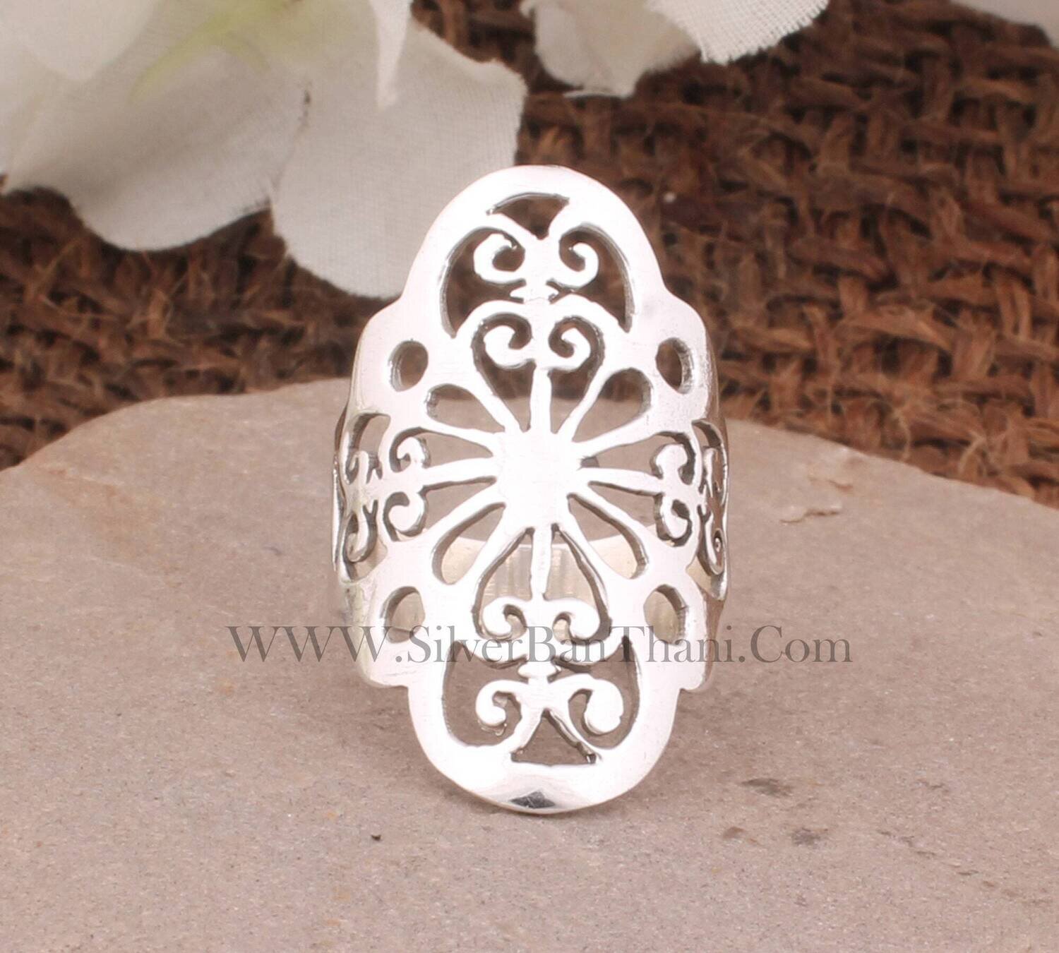 Filigree Solid 925 Sterling Silver Long Ring For Women, Handmade Designer Cut Work Plain Silver Ring Gifts For Her Wedding Anniversary Gift