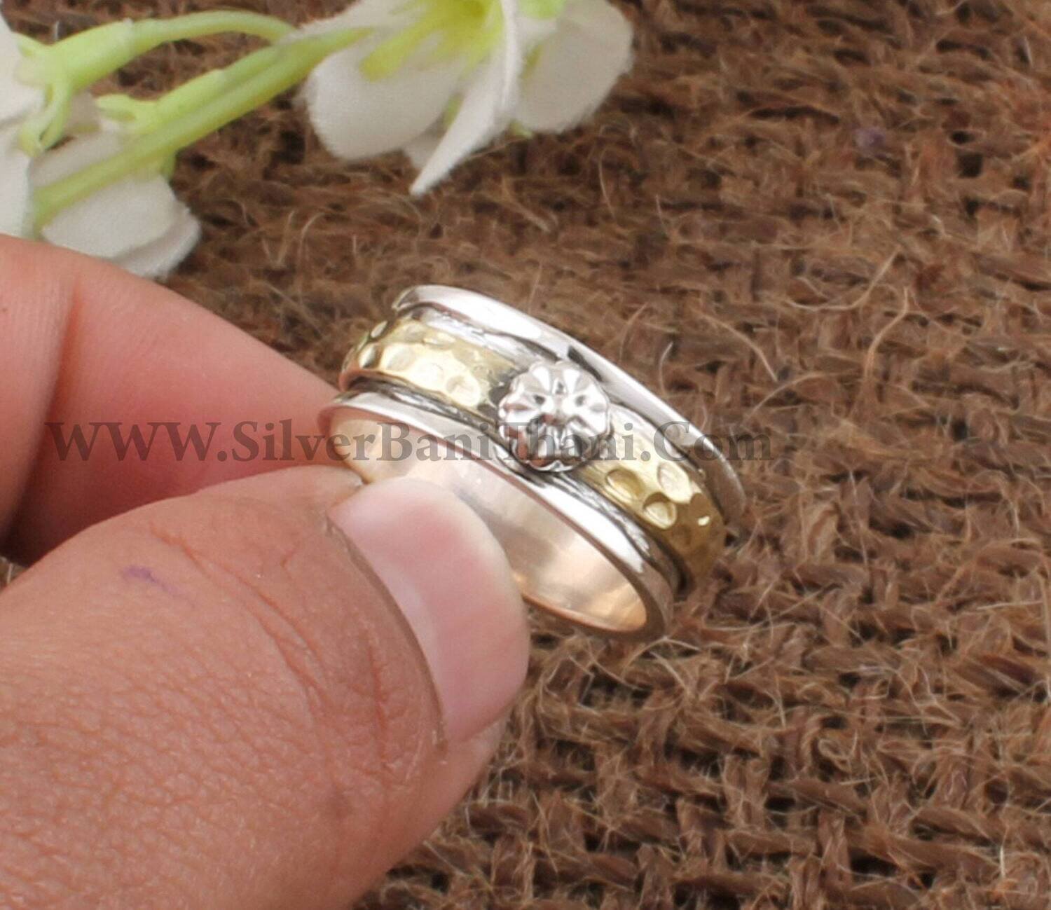 925 Sterling Silver & Brass Carved Spinner Ring | Designer Flower Handmade Band Ring | Meditation Ring | Worry Ring | Thumb Ring | Gift Idea