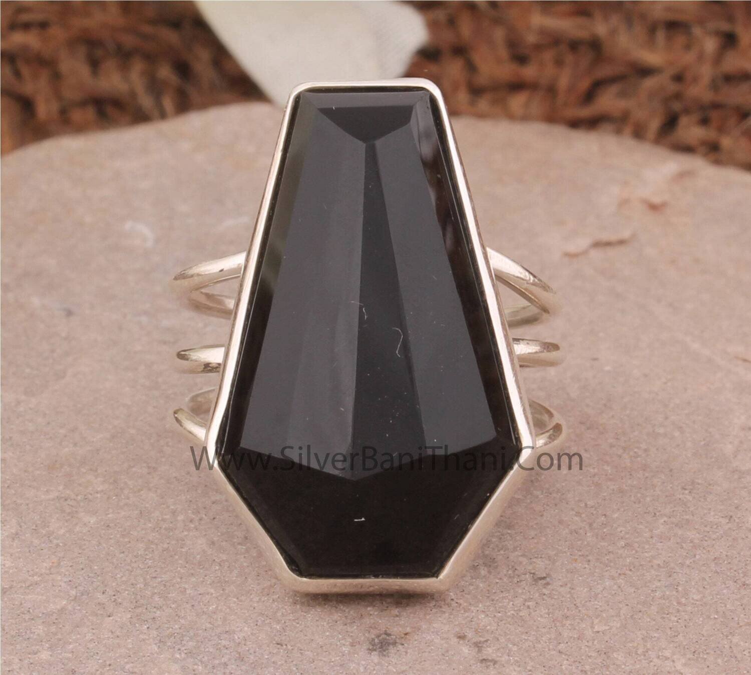 Black Onyx Silver Ring | 925 Sterling Solid Silver Ring | Coffin Shape Gemstone Ring | Everyday Jewelry | Christmas Gift | Gift For Women