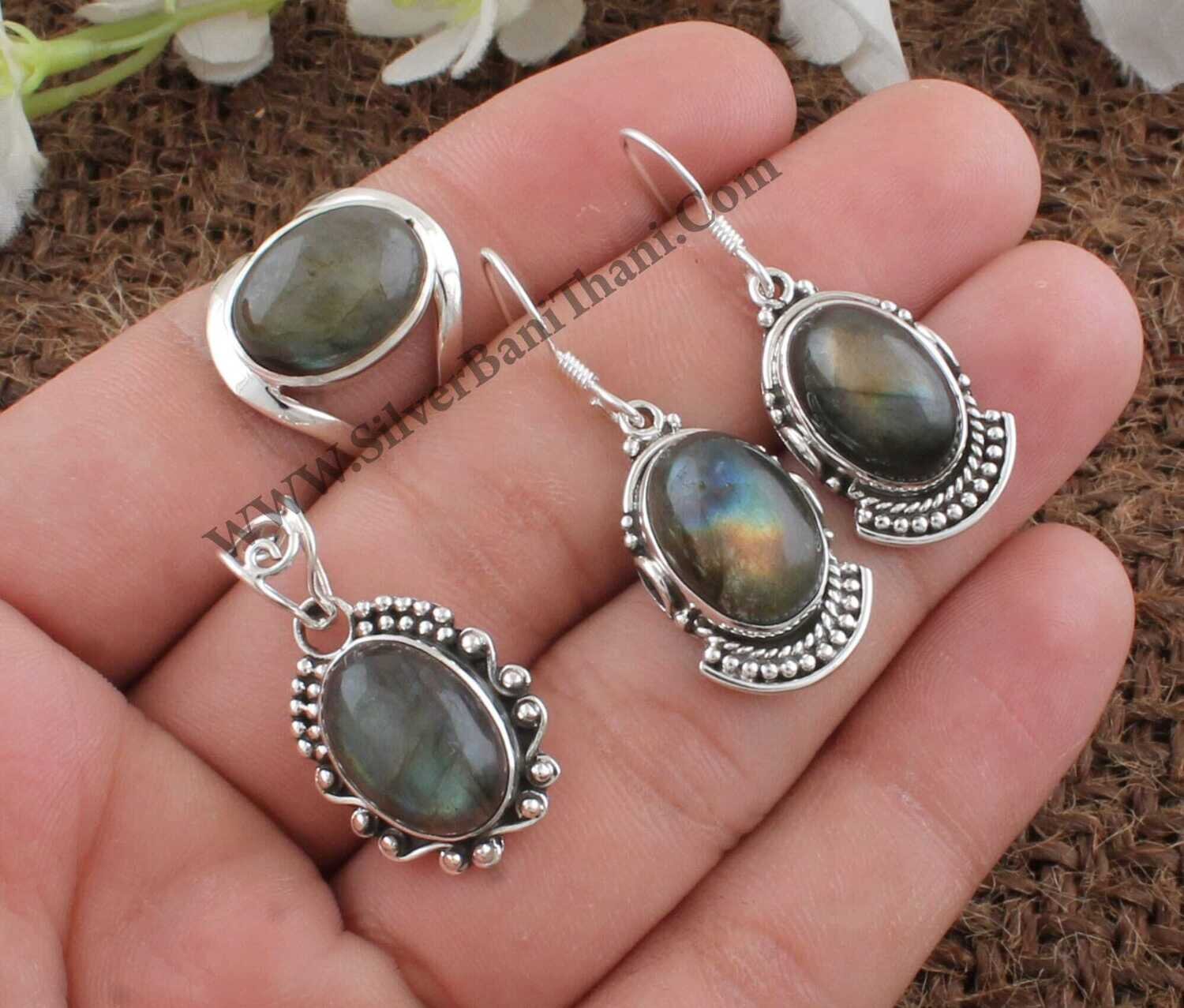 Natural Labradorite Gemstone Silver Jewelry Set | 925 Sterling Silver Jewelry Set For Women | Present For Her| Handmade Wedding Jewelry Gift