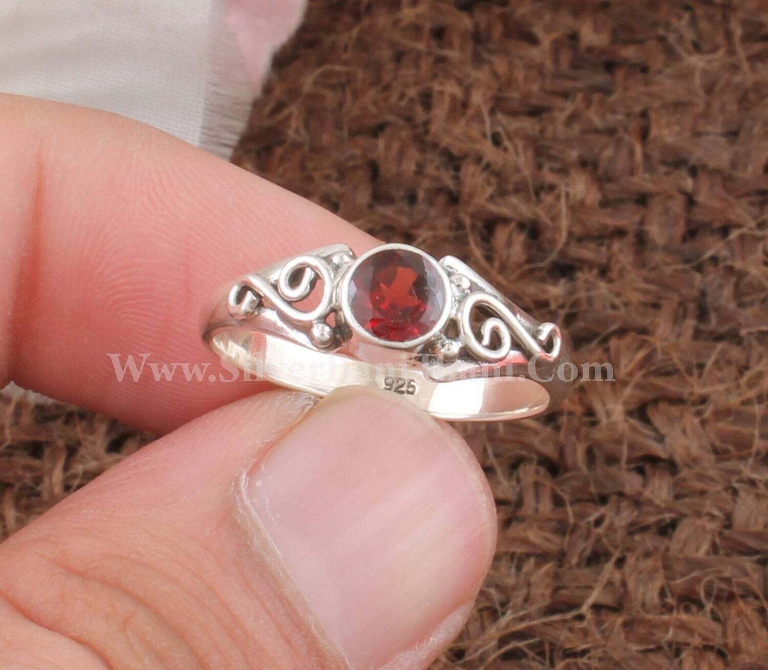 Red Garnet Round Shape Silver Ring | 925 Sterling Silver Garnet Faceted Cut Stone Ring | Handmade Bridal Wedding Jewelry | Gift Idea